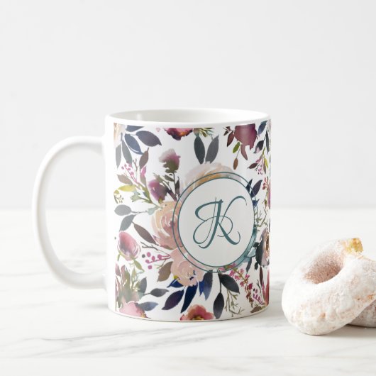 Boho Blume Green Pink Mit Monogramm Kaffeetasse (Mit Donut)