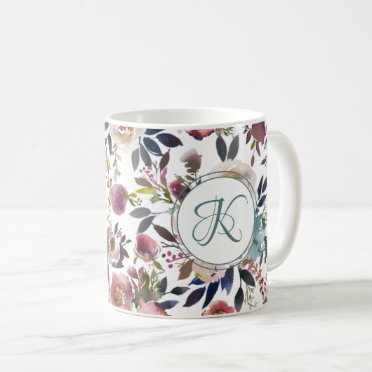 Boho Blume Green Pink Mit Monogramm Kaffeetasse (VorderseiteRechts)