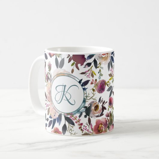 Boho Blume Green Pink Mit Monogramm Kaffeetasse (Vorderseite Links)