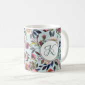 Boho Blume Green Pink Monogrammiert Kaffeetasse (VorderseiteRechts)