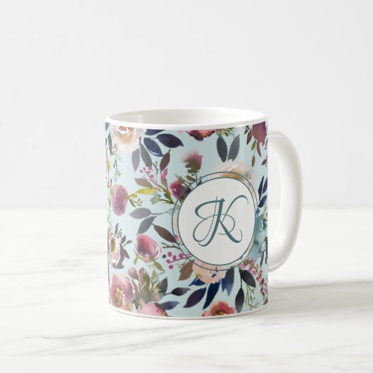 Boho Blume Green Pink Monogrammiert Kaffeetasse (VorderseiteRechts)