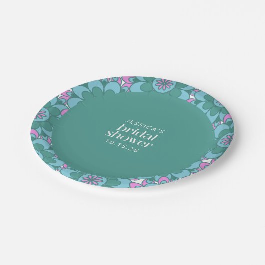 Boho Blume Groovy Green Brautparty Custom Pappteller (Schrägansicht)