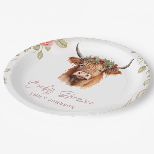 Boho Blume Highland Cow Pappteller (Schrägansicht)