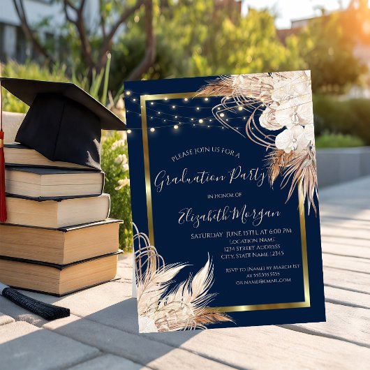 Boho-Blume, Leuchten, Holz, Frame Graduation Party Einladung