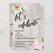 Boho Blume leuchten rustikales Holz feiern lassen Einladung (Vorne/Hinten)