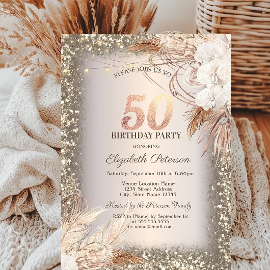 Boho Blume,Lights Glitzer Rahmen 50. Geburtstag Einladung