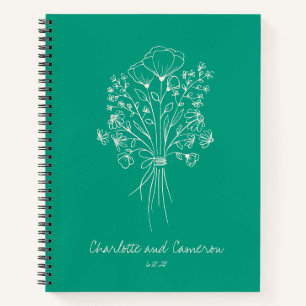 Boho Blume Line Art Personalisiert Wedding Emerald Notizblock