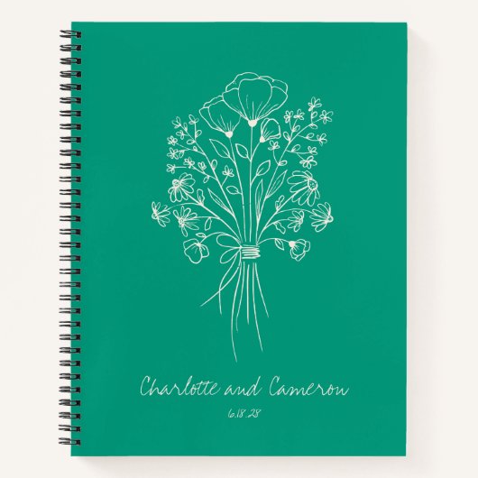 Boho Blume Line Art Personalisiert Wedding Emerald Notizblock (Vorderseite)