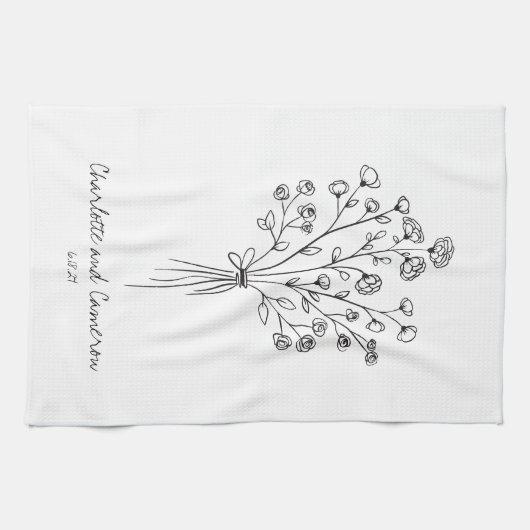 Boho Blume Line Art Zeichnend Personalisierte Hoch Geschirrtuch (Horizontal)