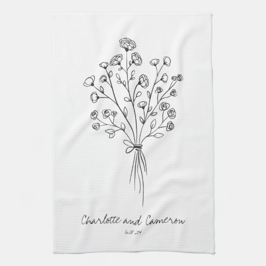 Boho Blume Line Art Zeichnend Personalisierte Hoch Geschirrtuch (Vertikal)