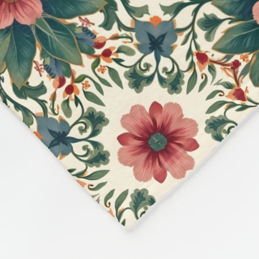 Boho Blume Magic - in den Farbtönen Grün und Rosa Fleecedecke (Ecke)