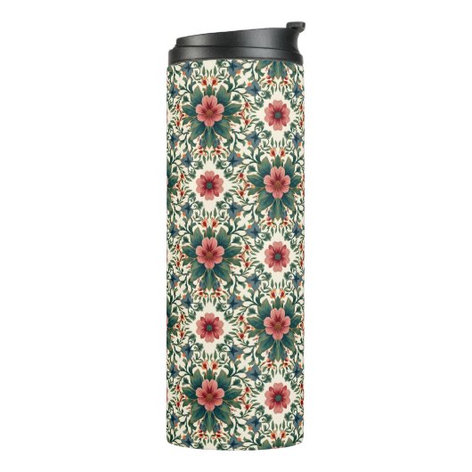 Boho Blume Magic - in den Farbtönen Grün und Rosa Thermosbecher (Nach links gedreht)