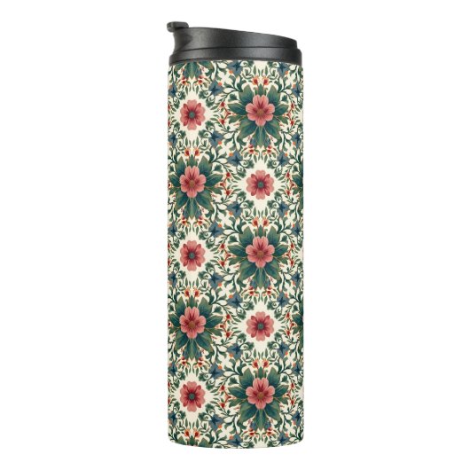 Boho Blume Magic - in den Farbtönen Grün und Rosa Thermosbecher (Nach rechts gedreht)