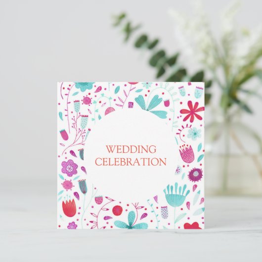 Boho Blume Meadow Watercolor Aquamarine Hochzeit Einladung (Stehend Vorderseite)