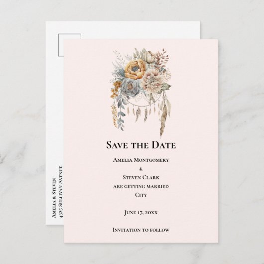 Boho Blume mit einem Dreamcatcher Save the Date Ankündigungspostkarte (Vorne/Hinten)