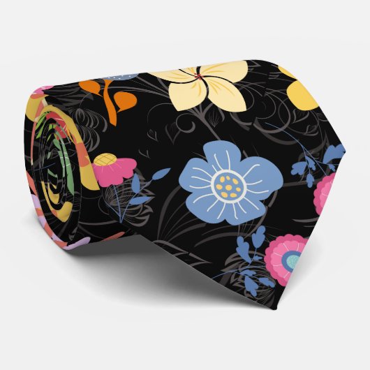 Boho Blume Muster B01.b Black BG Krawatte (Gerollt)