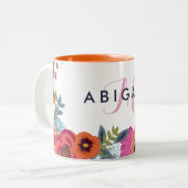 Boho Blume - Name und rosa Monogramm Zweifarbige Tasse (Vorderseite Links)