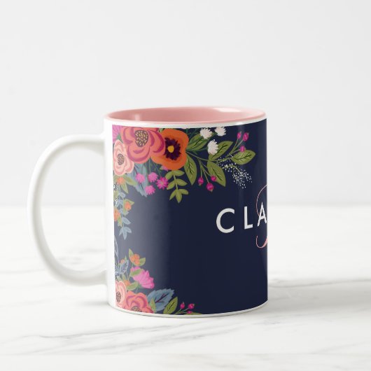 Boho Blume - Navy Blue mit rosa Monogram Zweifarbige Tasse (Links)