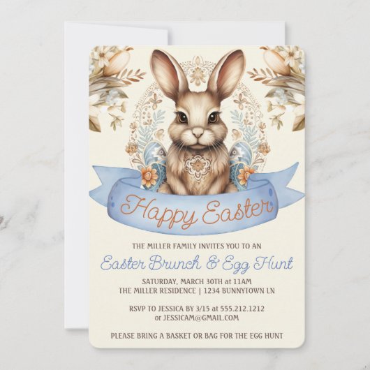 Boho Blume Ostern Bunny Brunch und Eierjagd Einladung (Vorderseite)