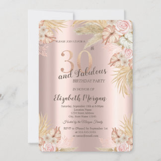 Boho Blume, Pampas Grass Rose Gold 30. Geburtstag Einladung