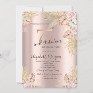 Boho Blume, Pampas Grass Rose Gold 75. Geburtstag Einladung