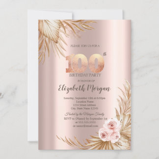 Boho Blume Pampas Rose Gold 100. Geburtstag Einladung