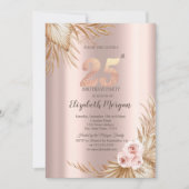 Boho Blume Pampas Rose Gold 25. Geburtstag Einladung (Vorderseite)