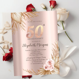 Boho Blume Pampas Rose Gold 50. Geburtstag Einladung
