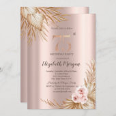 Boho Blume Pampas Rose Gold 75. Geburtstag Einladung (Vorne/Hinten)