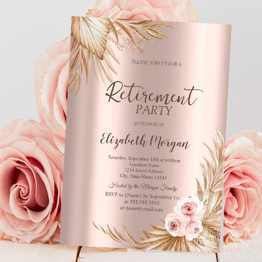 Boho Blume Pampas Rose Gold Retirement Party Einladung