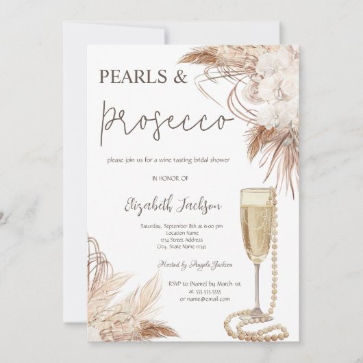 Boho Blume Pearls Prosecco Brautparty Einladung (Vorderseite)