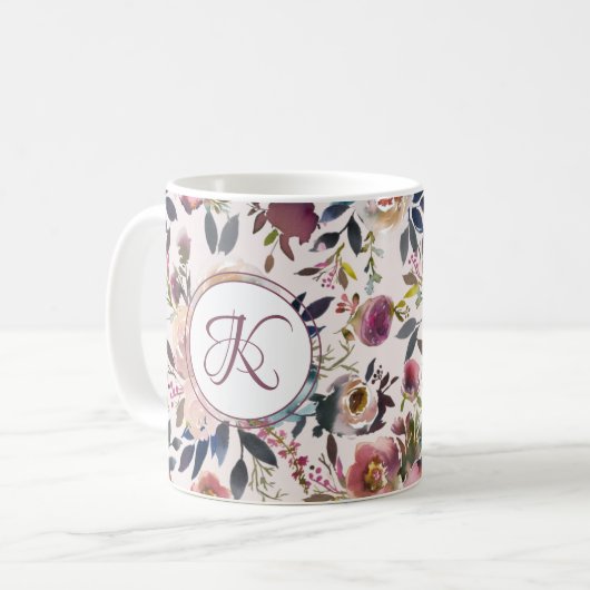 Boho Blume Pink Sage Green Monogrammiert Kaffeetasse (Vorderseite Links)
