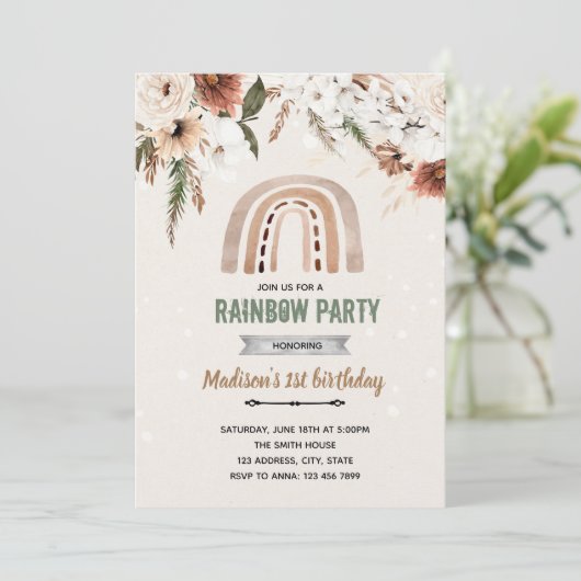 Boho Blume Regenbogendusche Einladung (Stehend Vorderseite)