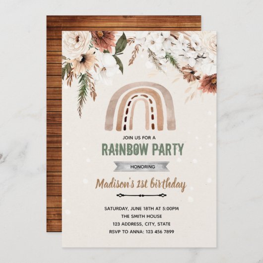 Boho Blume Regenbogendusche Einladung (Vorne/Hinten)