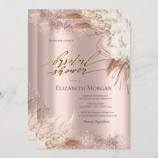 Boho Blume Rose Gold Confetti Brautparty Einladung (Vorne/Hinten)