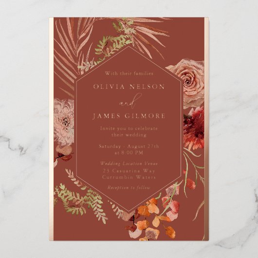 Boho Blume Rose Gold Foil Wedding Folieneinladung (Vorderseite)