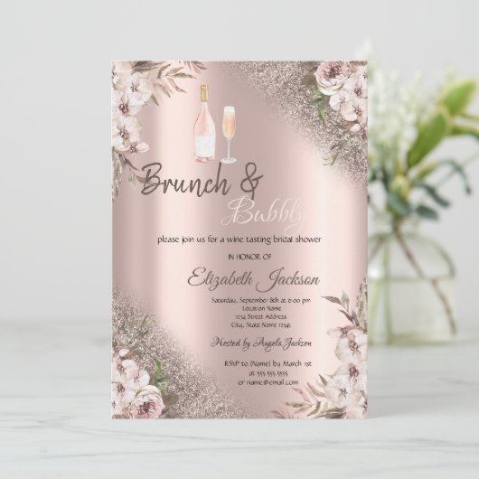Boho Blume Rose Gold Glitzer Brunch & Bubbly Einladung (Stehend Vorderseite)