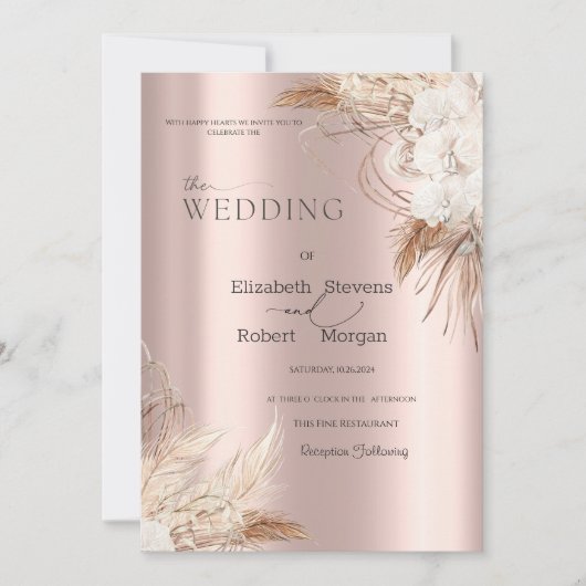 Boho Blume Rose Gold Wedding Einladung (Vorderseite)