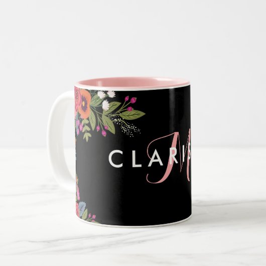 Boho Blume - Schwarz mit rosa Monogramm Zweifarbige Tasse (Vorderseite Links)