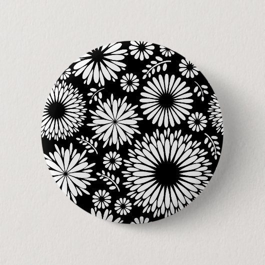 Boho Blume Schwarz-Weiß-Vektorblumenmuster Button (Vorderseite)