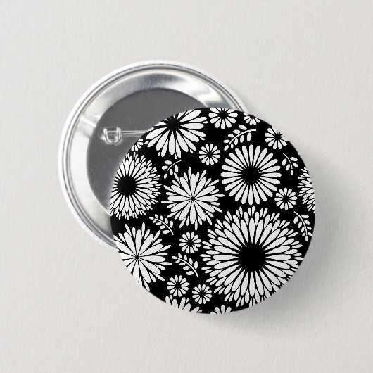 Boho Blume Schwarz-Weiß-Vektorblumenmuster Button (Vorne & Hinten)