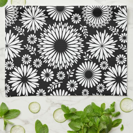 Boho Blume Schwarz-Weiß-Vektorblumenmuster Geschirrtuch (Gefaltet)