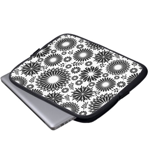Boho Blume Schwarz-Weiß-Vektorblumenmuster Laptopschutzhülle (Vorne Knopf)