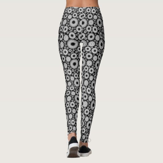 Boho Blume Schwarz-Weiß-Vektorblumenmuster Leggings (Rückseite)