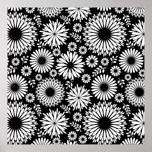 Boho Blume Schwarz-Weiß-Vektorblumenmuster Poster (Vorne)