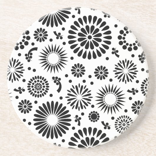 Boho Blume Schwarz-Weiß-Vektorblumenmuster Sandstein Untersetzer (Vorne)