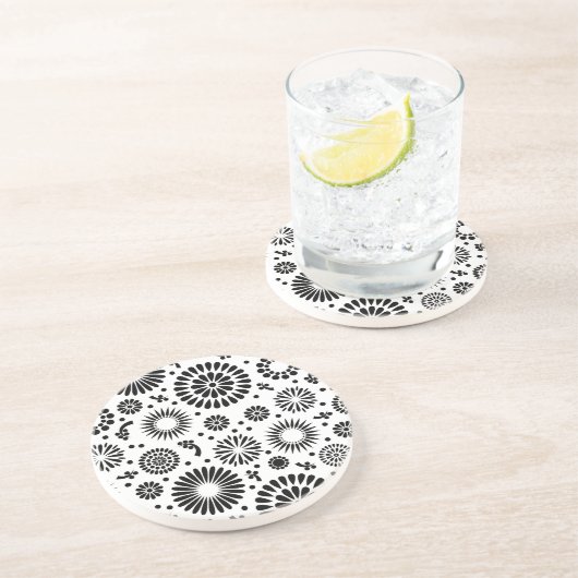 Boho Blume Schwarz-Weiß-Vektorblumenmuster Sandstein Untersetzer (Seite)