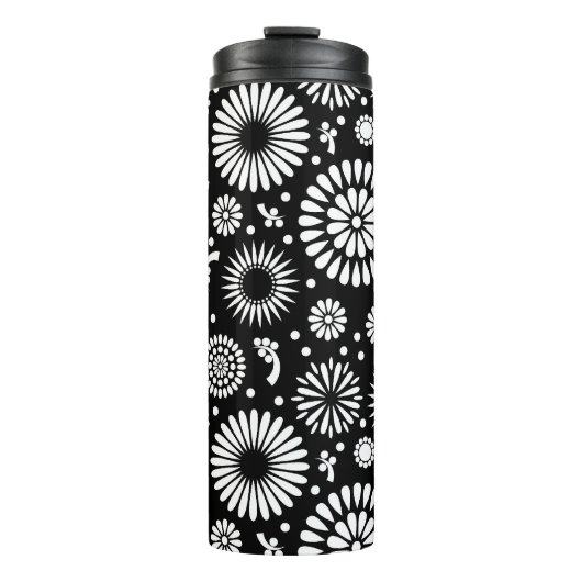 Boho Blume Schwarz-Weiß-Vektorblumenmuster Thermosbecher (Vorderseite)