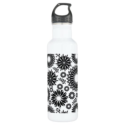 Boho Blume Schwarz-Weiß-Vektorblumenmuster Trinkflasche (Vorderseite)