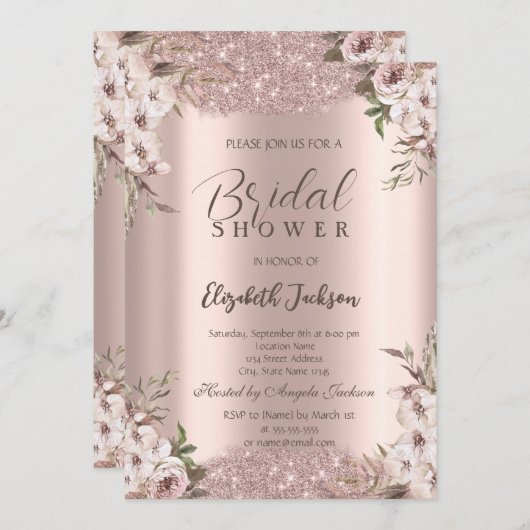 Boho Blume Shiny Frame Rose Gold Brautparty Einladung (Vorne/Hinten)